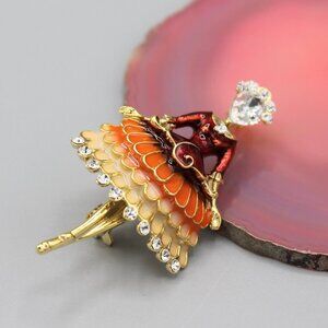 Jewelry pin brooch girl dancer dance elegant yellow gold tone orange white new